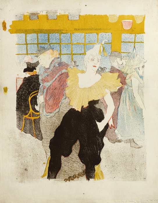 Henri de Toulouse-Lautrec (1864-1901), Η γυναίκα κλόουν στο Moulin-Rouge, 1897. Λιθογραφία με μολύβι, πινέλο και crachis, εκτύπωση έξι χρωμάτων. Μοναδικό δοκιμαστικό αντίτυπο επιζωγραφισμένο με κόκκινη κιμωλία σε χαρτί vélin | 46 x 35 εκ.