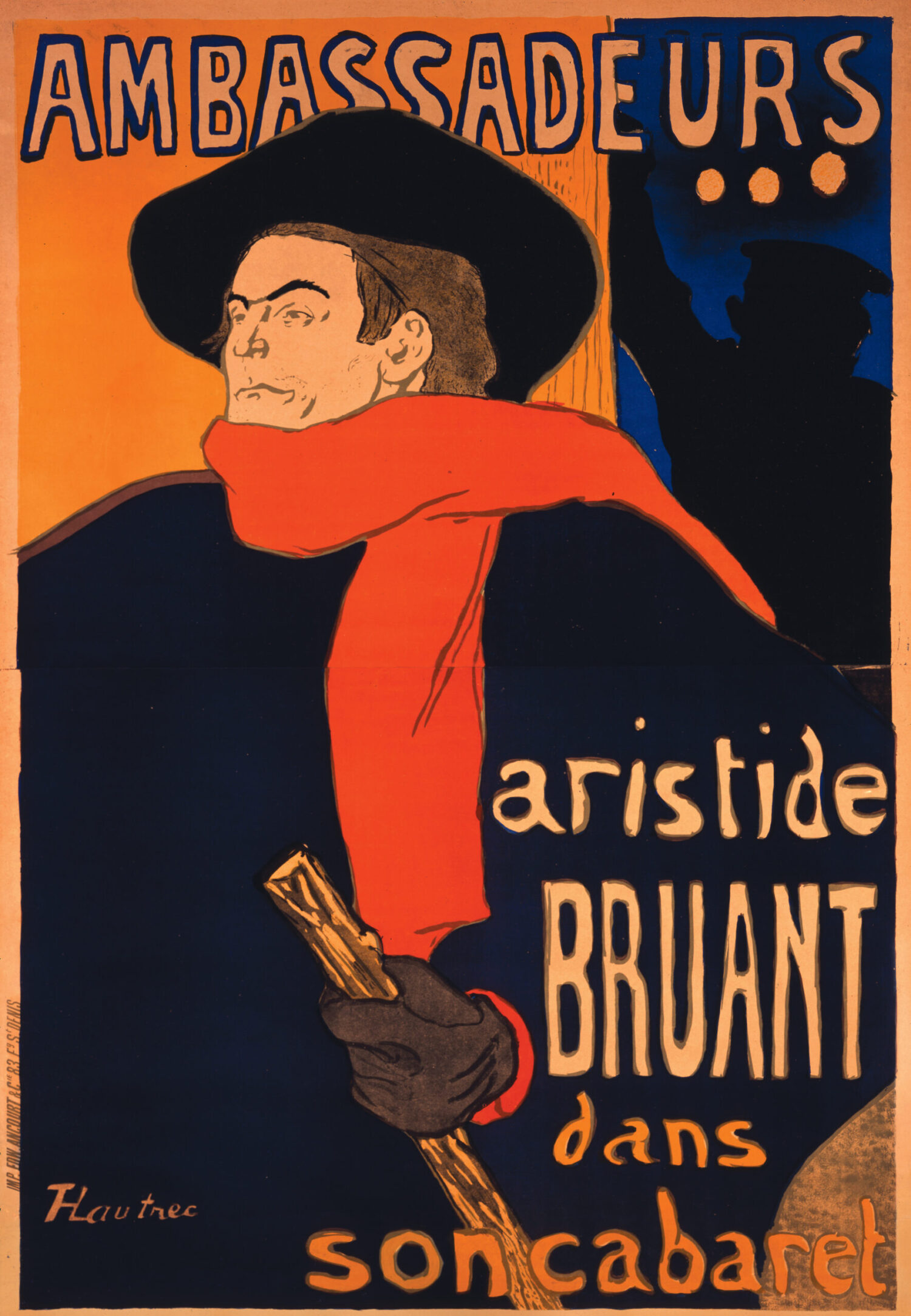 Henri de Toulouse-Lautrec (1864-1901),Ambassadeurs. Ο Aristide Bruant στο καμπαρέ του, 1892. Λιθογραφία με πινέλο και πιτσίλισμα, πεντάχρωμη εκτύπωση σε δύο φύλλα σε χαρτί vélin | 140 x 96,3 εκ. Τυπογραφείο Ancourt, Σαιν-Ντενί 