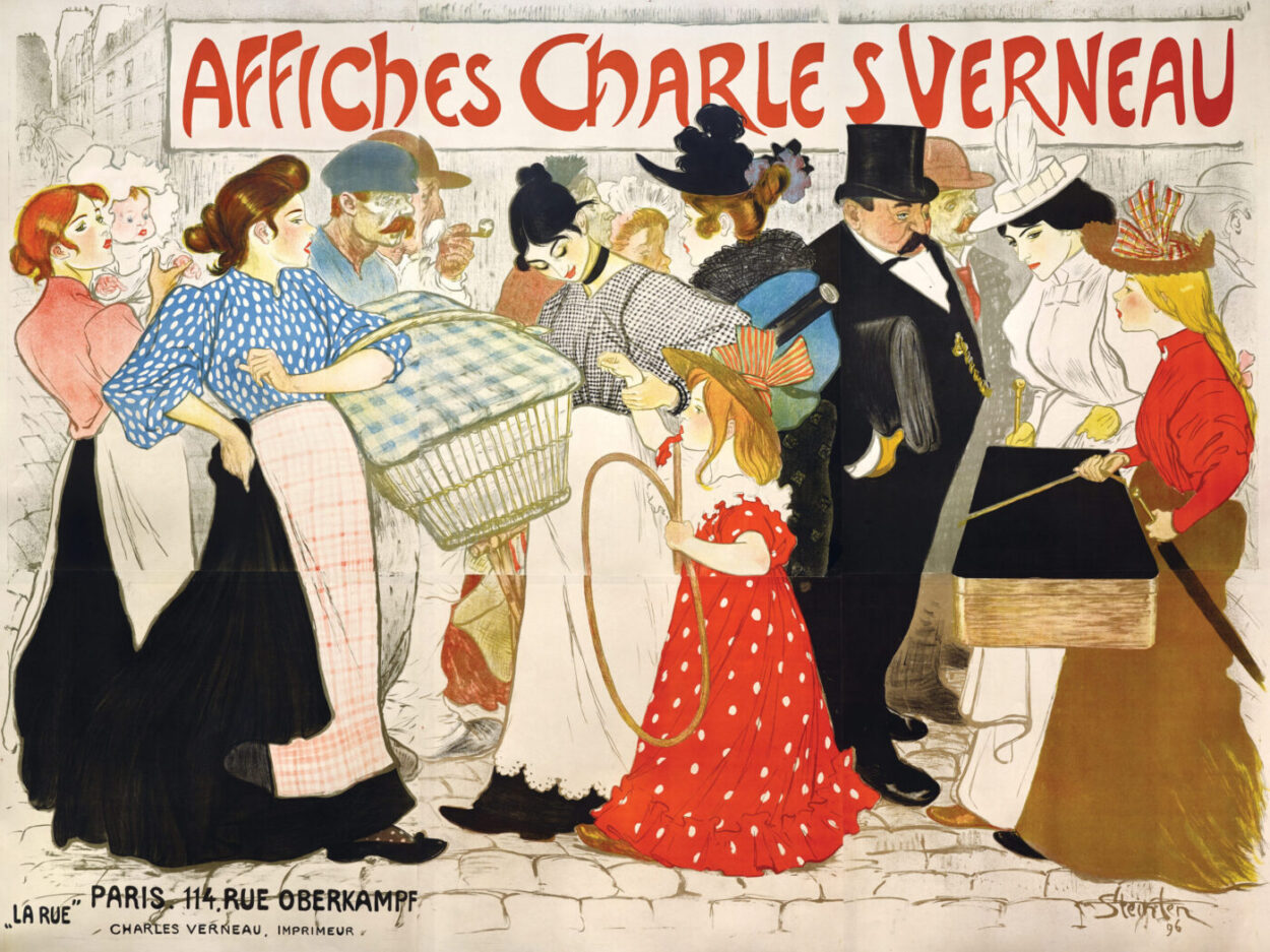 Théophile-Alexandre Steinlen (1859-1923),Ο δρόμος. Αφίσες Charles Verneau, 1896 περίπου. Λιθογραφία με μολύβι, πινέλο και πιτσίλισμα, επτάχρωμη εκτύπωση σε έξι φύλλα σε χαρτί vélin | 234,3 x 300 εκ. Τυπογραφείο C. Verneau, Παρίσι 